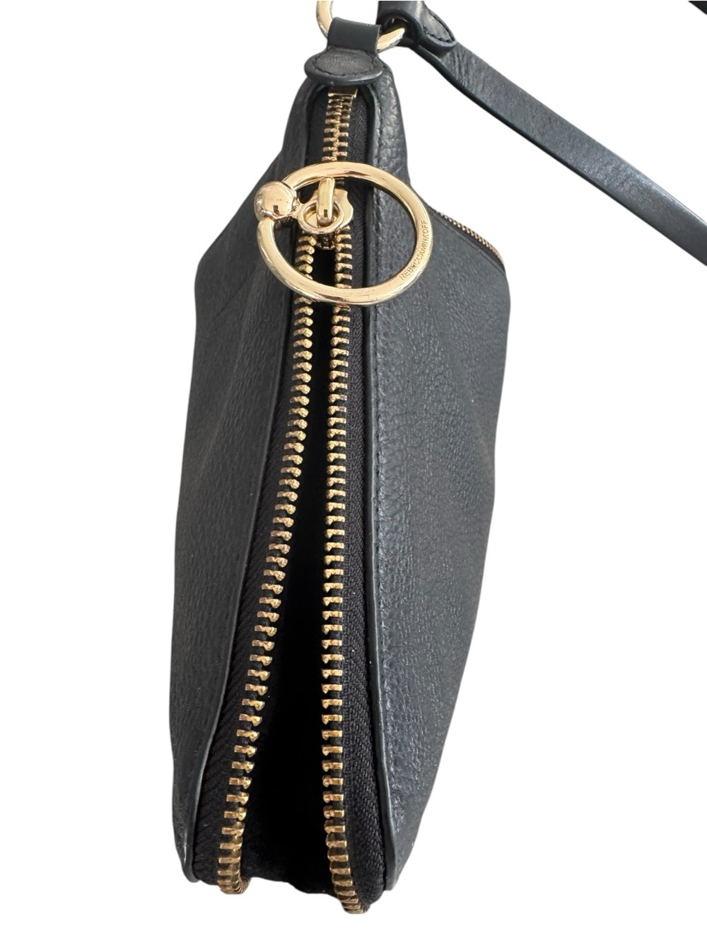 Rebecca Minkoff Black Pebbled Leather Crossbody Bag Gold Ring Zip Pull - Picture 5 of 10